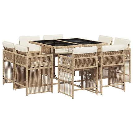 Matgrupp för trädgården med dynor 9 delar beige konstrotting