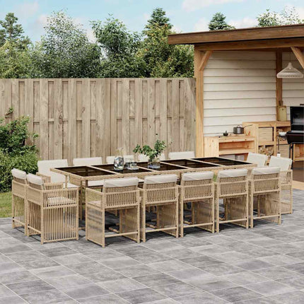 Matgrupp för trädgården med dynor 15 delar beige konstrotting