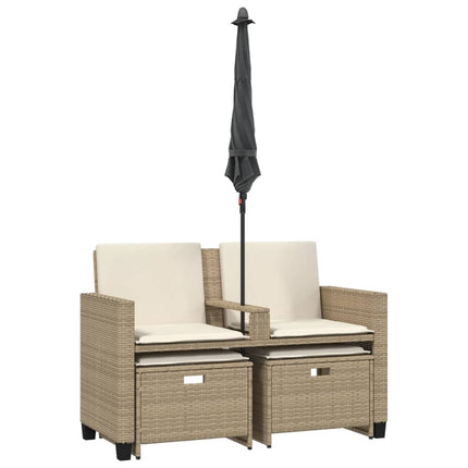 Trädgårdssoffa 2-sits med parasoll&pallar beige konstrotting