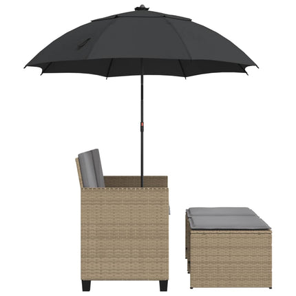 Trädgårdssoffa 2-sits med parasoll&pallar beige konstrotting