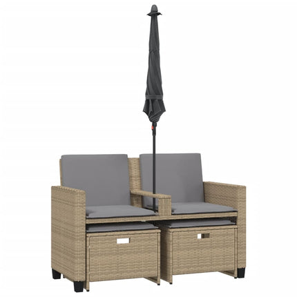 Trädgårdssoffa 2-sits med parasoll&pallar beige konstrotting