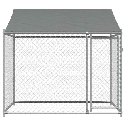 Hundgård med tak och dörr grå 2x2x2 cm galvaniserat stål