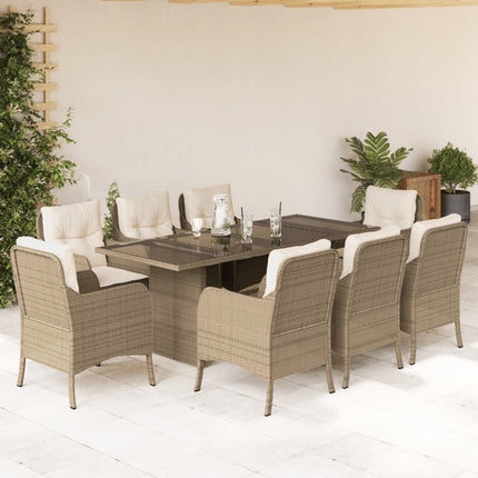 Matgrupp för trädgården med dynor 9 delar beige konstrotting