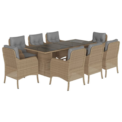 Matgrupp för trädgården med dynor 9 delar beige konstrotting