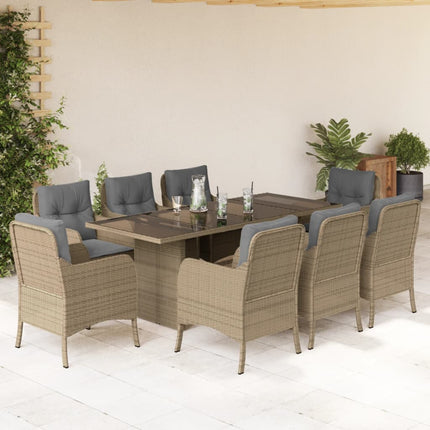 Matgrupp för trädgården med dynor 9 delar beige konstrotting