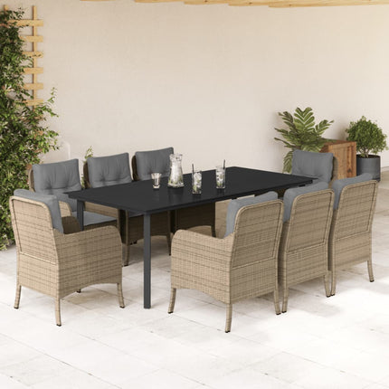 Matgrupp för trädgården med dynor 9 delar beige konstrotting