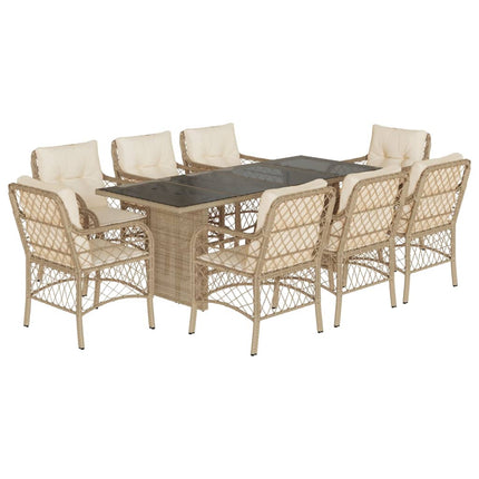 Matgrupp för trädgården med dynor 9 delar beige konstrotting