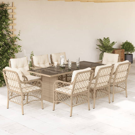 Matgrupp för trädgården med dynor 9 delar beige konstrotting