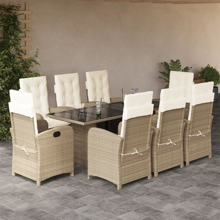 Matgrupp för trädgården med dynor 9 delar beige konstrotting