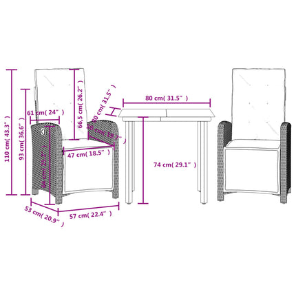 Caféset med dynor 3 delar svart konstrotting