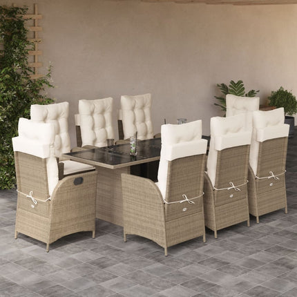 Matgrupp för trädgården med dynor 9 delar beige konstrotting