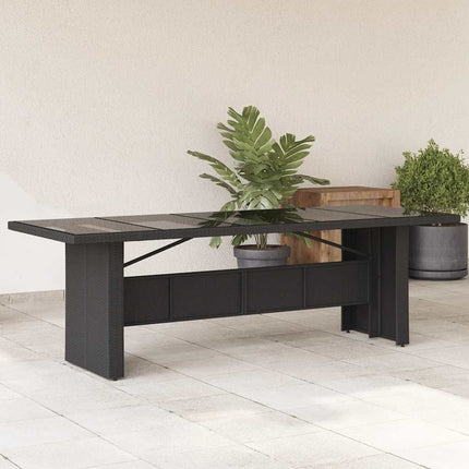 Trädgårdsbord med glasskiva svart 240x90x75 cm konstrotting