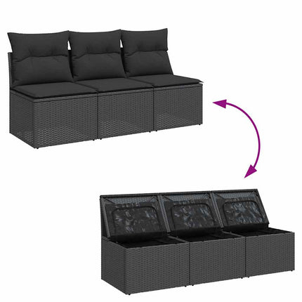Trädgårdssoffa med kuddar 3-sits svart polyrotting