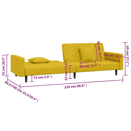 Bäddsoffa 2-sits med två kuddar gul sammet