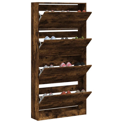 Skoskåp med 4 flip-lådor rökfärgad ek 80x21x163,5 cm