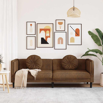 Soffa med kuddar 3-sits brun konstmocka