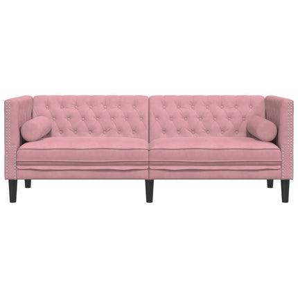 Chesterfieldsoffa med bolsterkuddar 3-sits rosa sammet