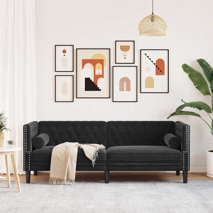 Chesterfieldsoffa med bolsterkuddar 3-sits svart sammet