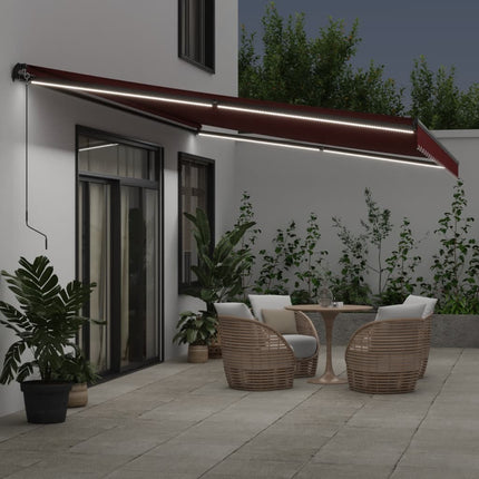 Markis manuellt infällbar med LEDs vinröd 600x350 cm