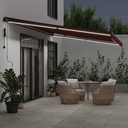 Markis automatiskt infällbar med LEDs vinröd 600x350 cm