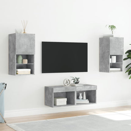 Väggmonterade TV-skåp 4 delar med LEDs betonggrå