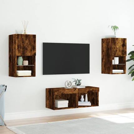 Väggmonterade tv-skåp 4 delar med LEDs rökfärgad ek