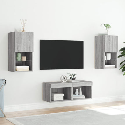 Väggmonterade tv-skåp 4 delar med LEDs grå sonoma