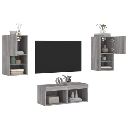 Väggmonterade tv-skåp 4 delar med LEDs grå sonoma