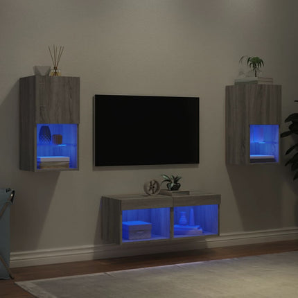 Väggmonterade tv-skåp 4 delar med LEDs grå sonoma