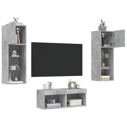 Väggmonterade TV-skåp 4 delar LEDs betonggrå