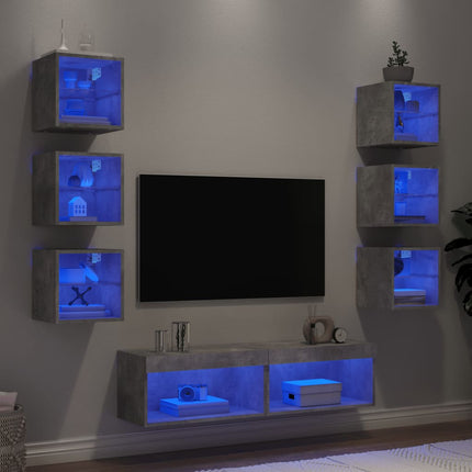 Tv-bänk 8 delar LED betonggrå konstruerat trä