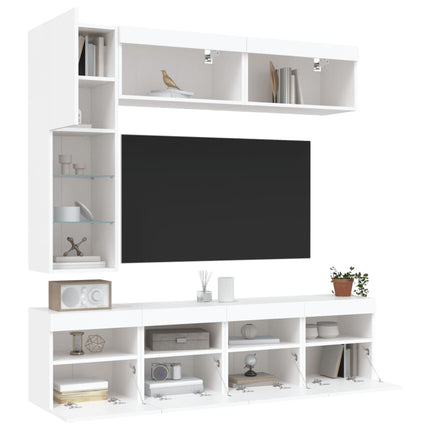 Väggmonterade tv-skåp 7 delar med LEDs vit