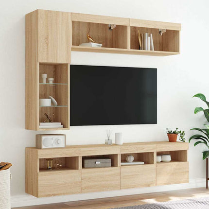 Väggmonterade tv-skåp 7 delar med LEDs sonoma-ek