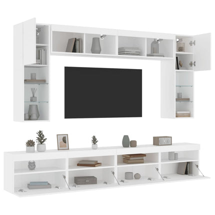 Väggmonterade tv-skåp 8 delar med LEDs vit