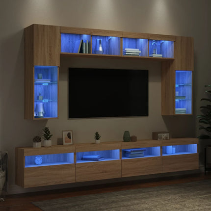 Väggmonterade tv-skåp 8 delar LEDs sonoma-ek