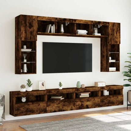 Väggmonterade tv-skåp 8 delar med LEDs rökfärgad ek