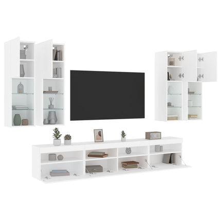 Väggmonterade tv-skåp 7 delar med LEDs vit