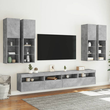 Väggmonterade tv-skåp 7 delar med LEDs betonggrå