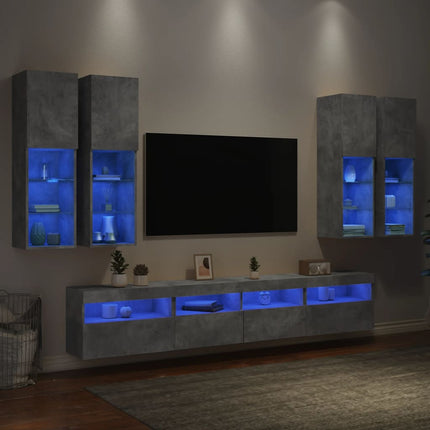 Väggmonterade tv-skåp 7 delar med LEDs betonggrå