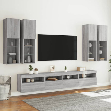 Väggmonterade tv-skåp 7 delar med LEDs grå sonoma