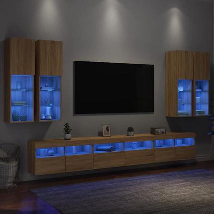 Väggmonterade tv-skåp 7 delar med LEDs sonoma-ek