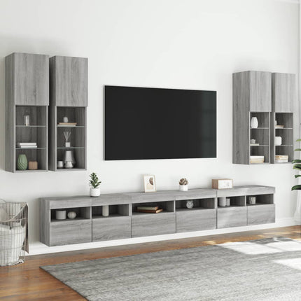 Väggmonterade tv-skåp 7 delar med LEDs grå sonoma
