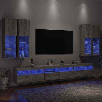 Väggmonterade tv-skåp 7 delar med LEDs grå sonoma