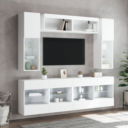 Väggmonterade tv-skåp 6 delar med LEDs vit
