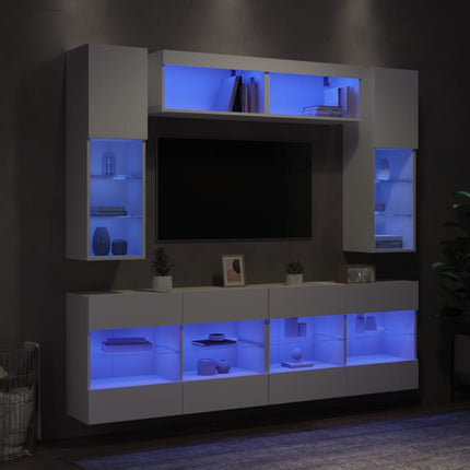 Väggmonterade tv-skåp 6 delar med LEDs vit