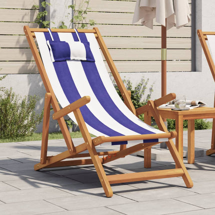 Hopfällbar strandstol blå och vit massivt eukalyptusträ och tyg