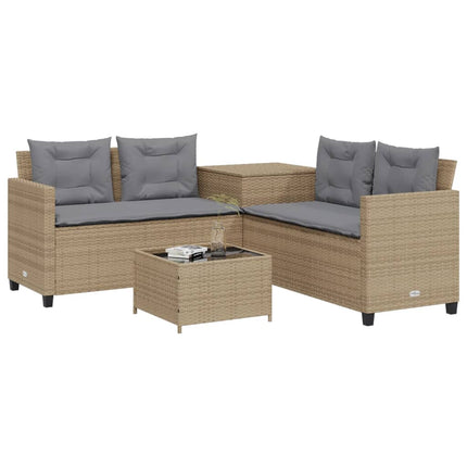 Trädgårdssoffa med bord och dynor L-formad beige konstrotting