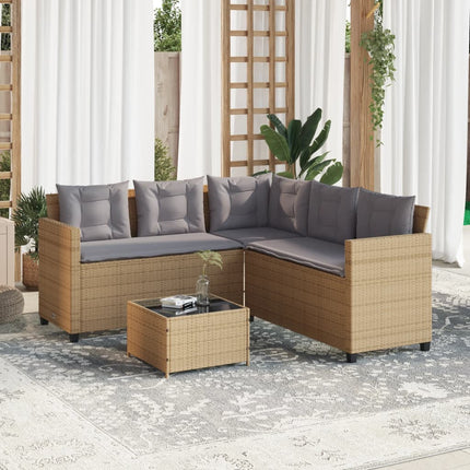Trädgårdssoffa med bord och dynor L-formad beige konstrotting