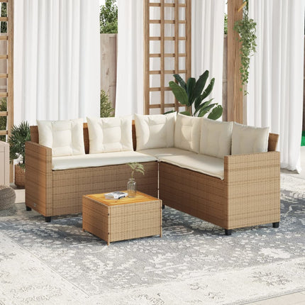 Trädgårdssoffa med bord och dynor L-formad beige konstrotting