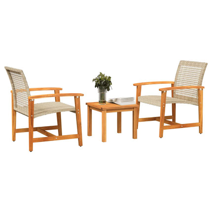Caféset 3 delar beige konstrotting och akaciaträ